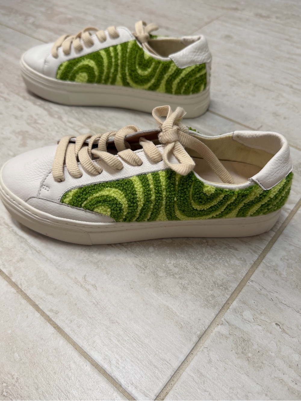 Soludos White Leather Sneakers with Green Swirl Accent